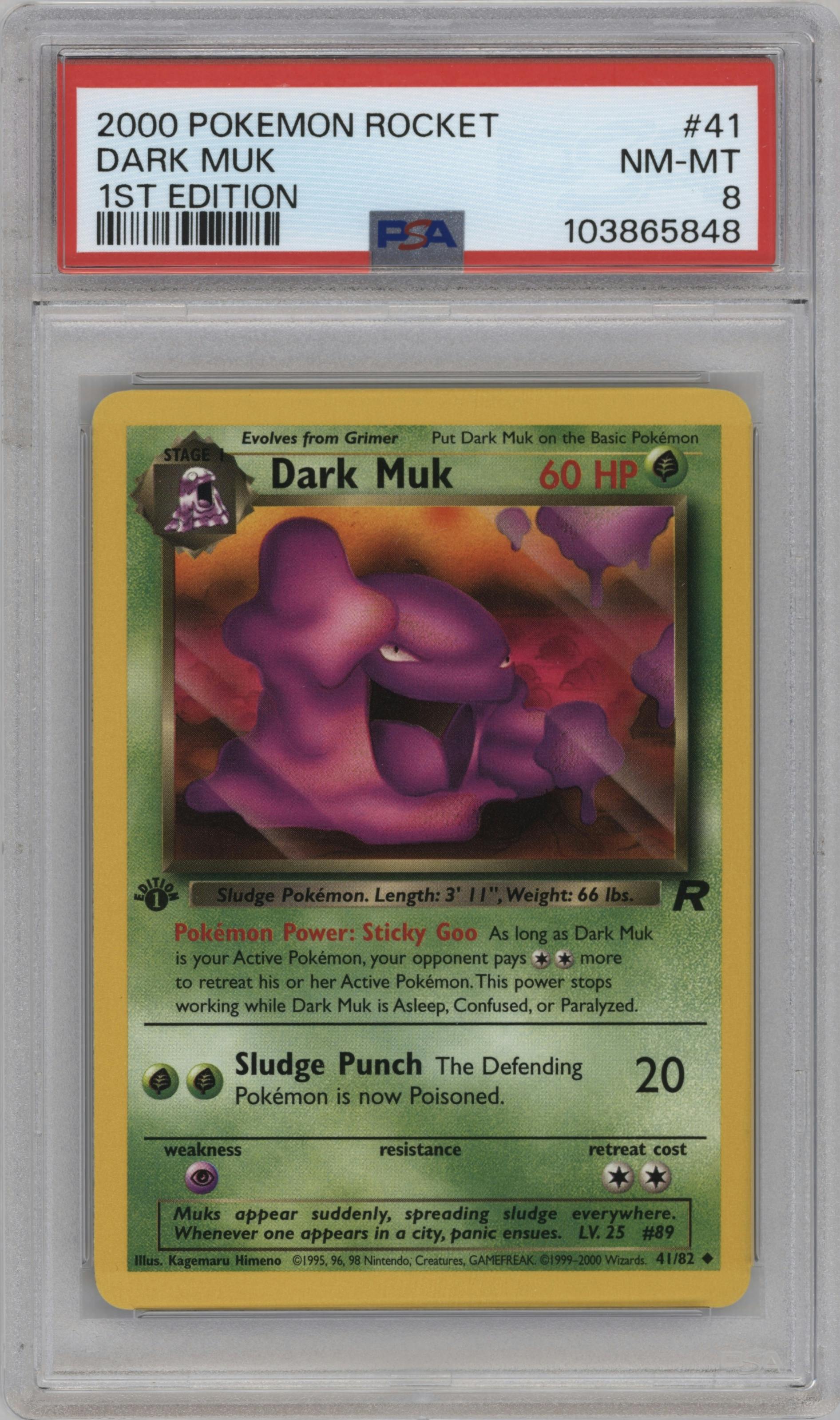 Dark Muk from the 2000 Pokemon set graded by PSA and given an overall grade of 8.