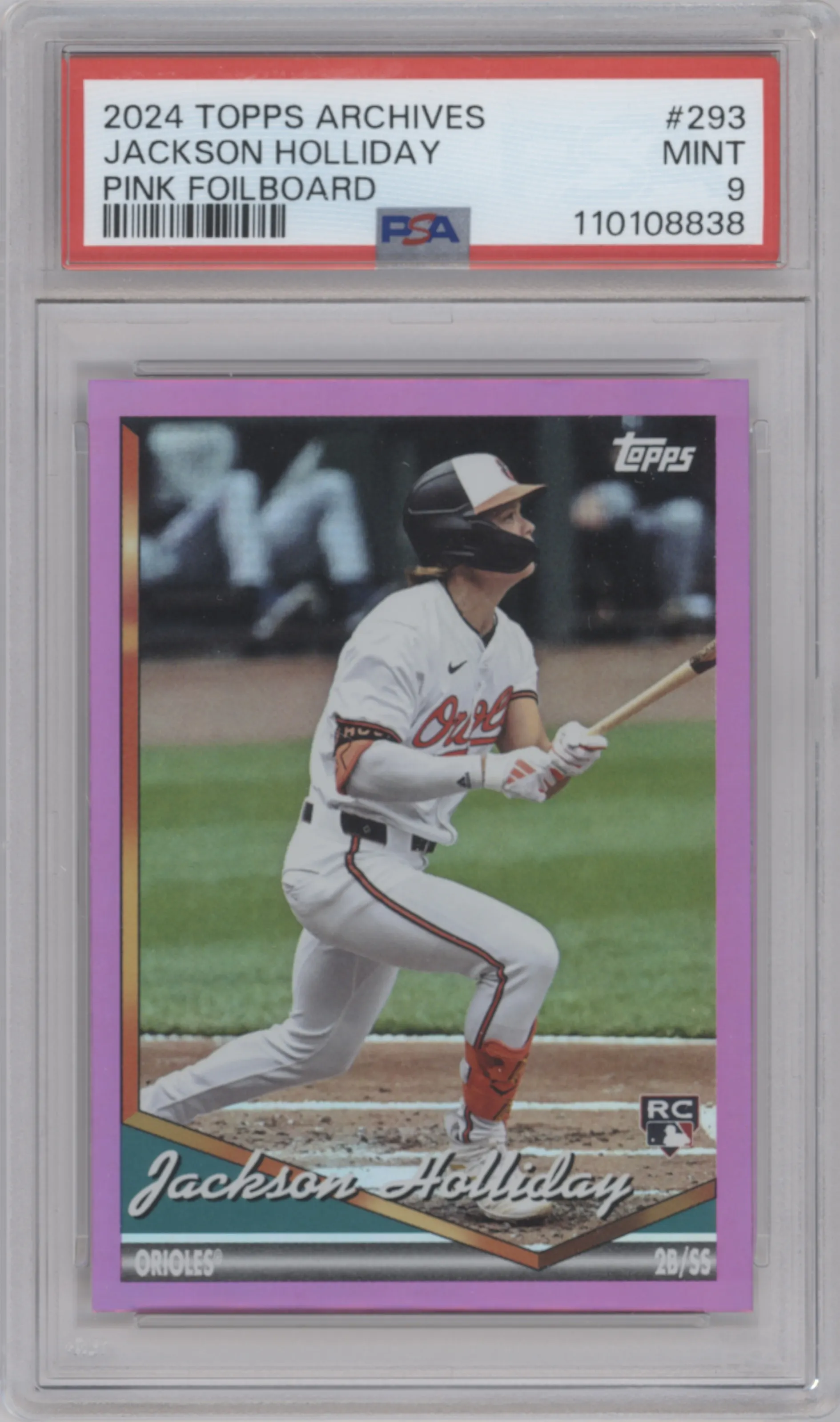 Jackson Holliday from the 2024 Topps Archives set featuring a Pink Foilboard parallel graded by PSA and given an overall grade of 9.