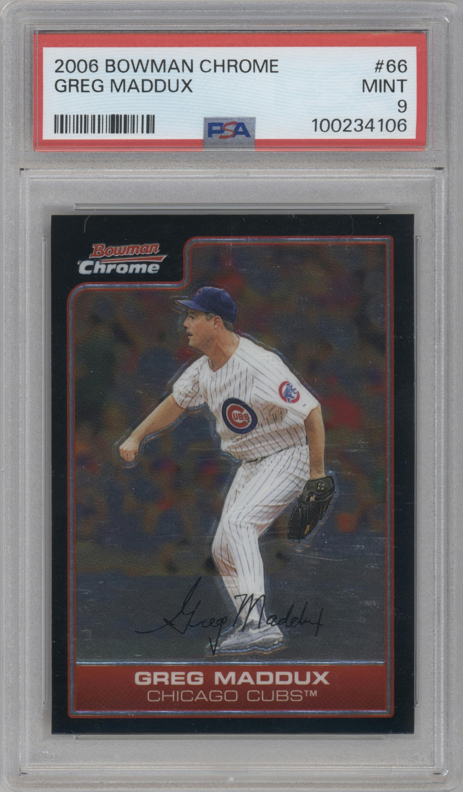 Greg Maddux from the 2006 Bowman Chrome set graded by PSA and given an overall grade of 9.