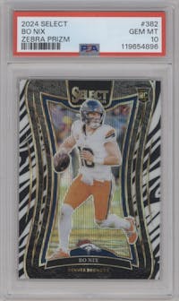 Bo Nix from the 2024 Panini Select set featuring a Zebra parallel graded by PSA and given an overall grade of 10.