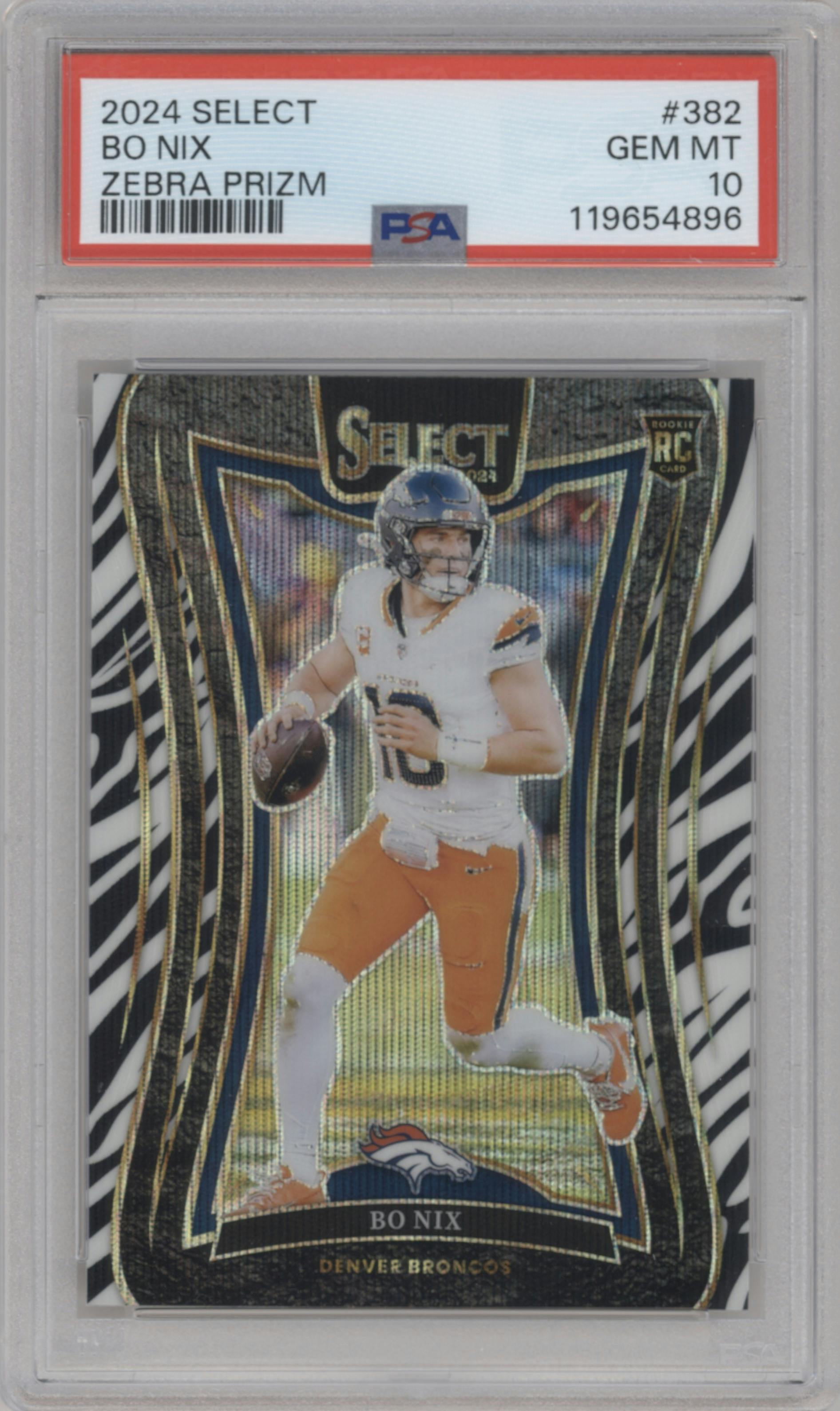 Bo Nix from the 2024 Panini Select set featuring a Zebra parallel graded by PSA and given an overall grade of 10.