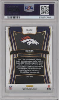 Bo Nix from the 2024 Panini Select set featuring a Zebra parallel graded by PSA and given an overall grade of 10.