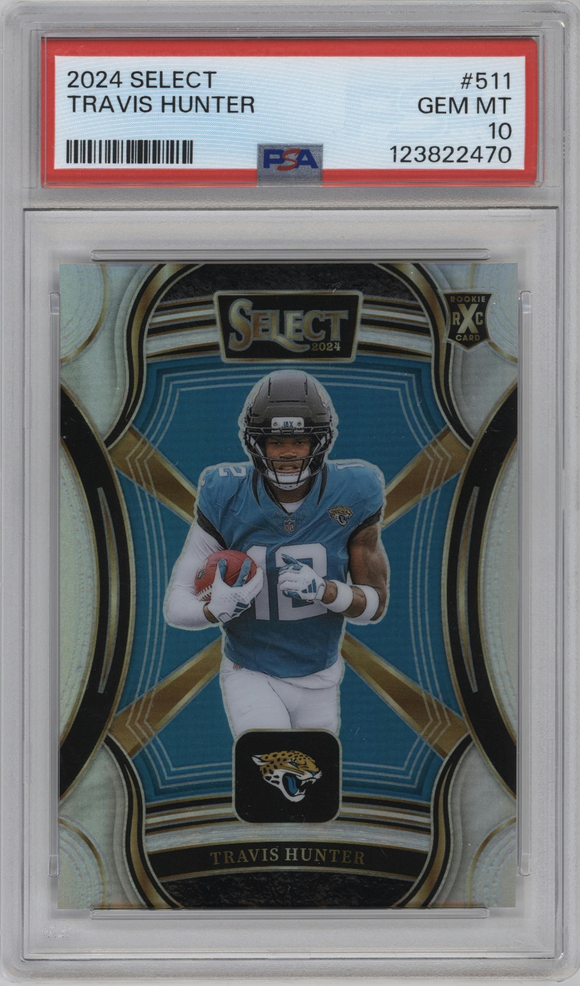 Travis Hunter from the 2024 Panini Select set graded by PSA and given an overall grade of 10.
