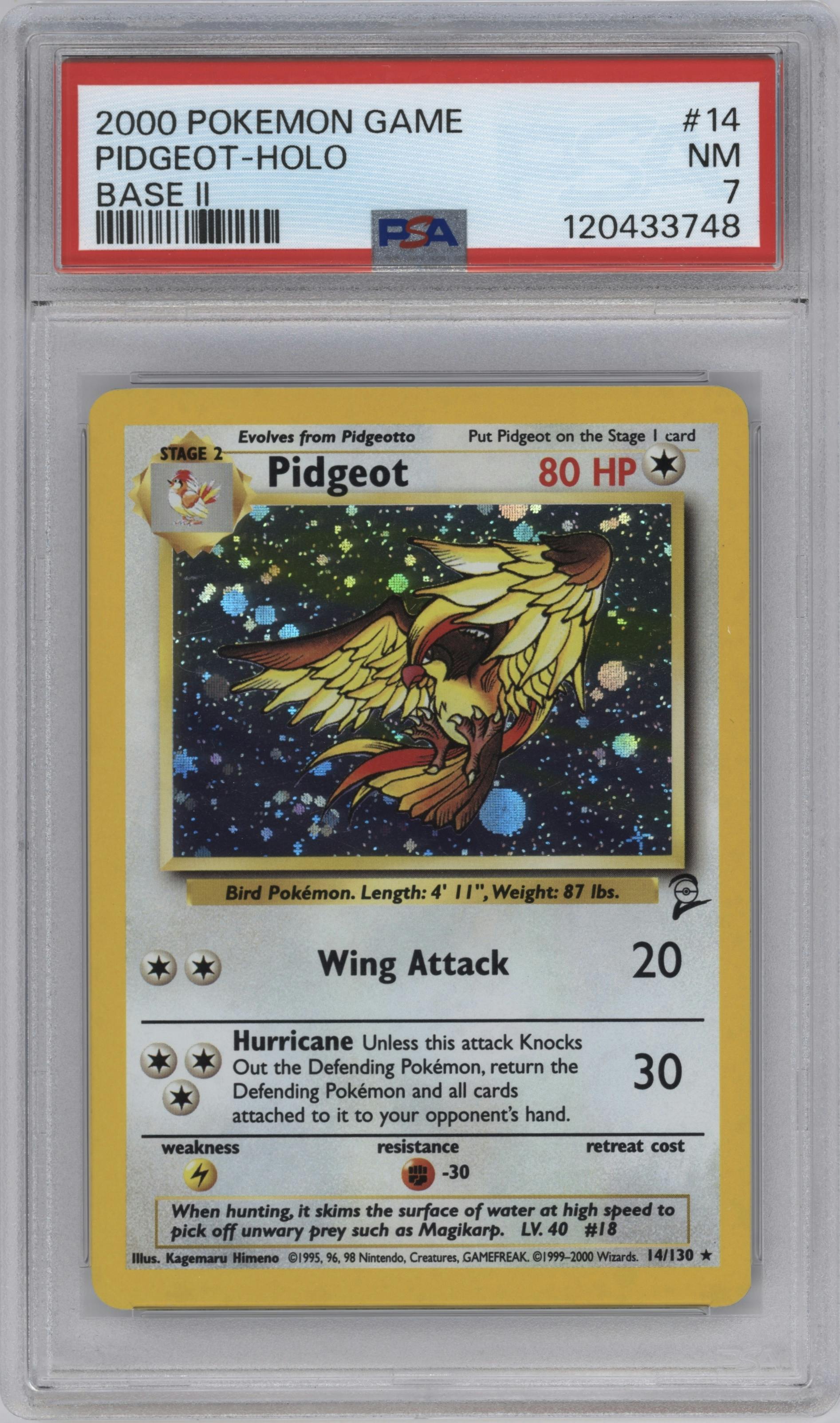 Pidgeot from the 2000 Pokemon set graded by PSA and given an overall grade of 7.