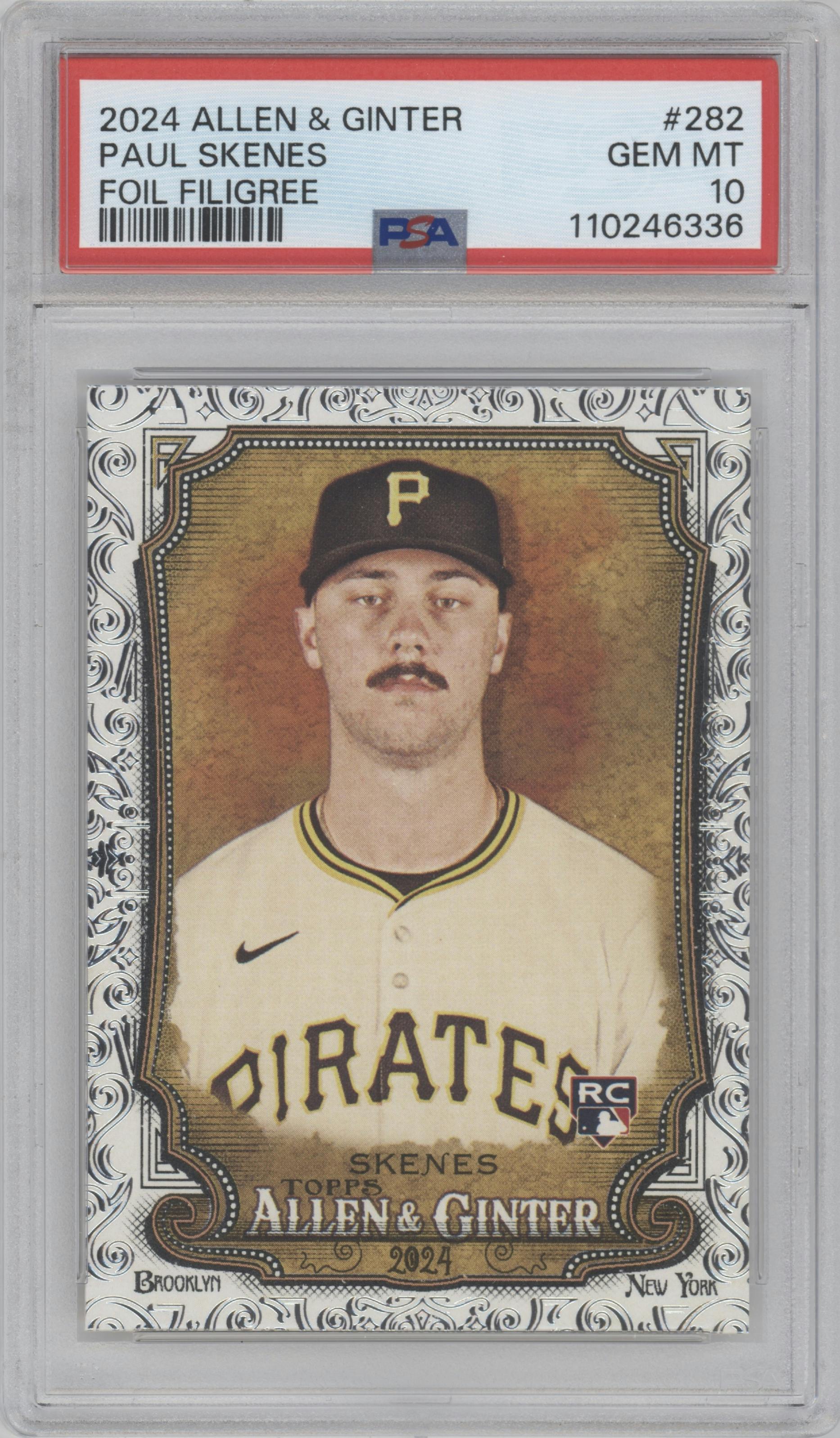 Paul Skenes from the 2024 Topps Allen & Ginter X set featuring a Foil Filigree parallel graded by PSA and given an overall grade of 10.