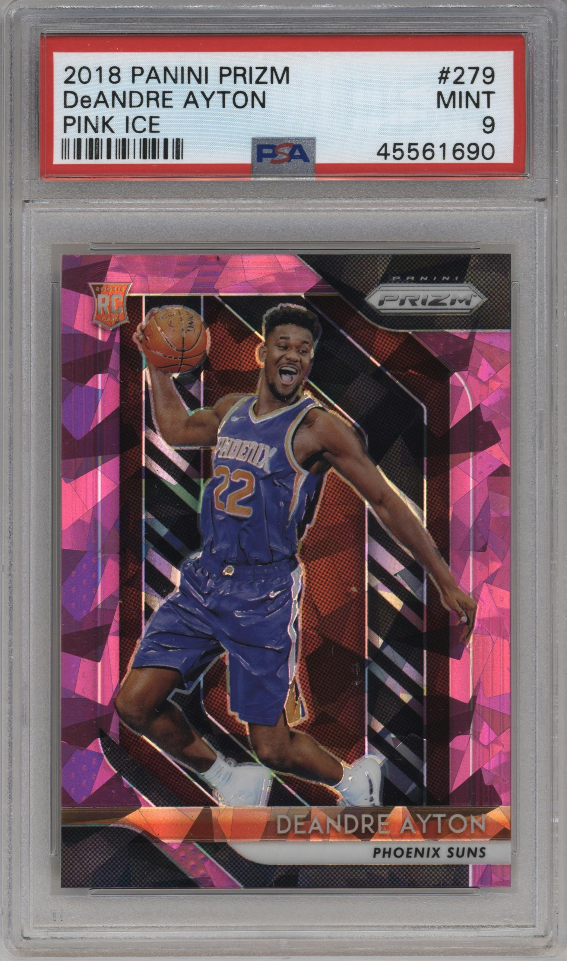 Deandre Ayton from the 2018-19 Panini Prizm set featuring a Pink Ice parallel graded by PSA and given an overall grade of 9.