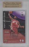 LeBron James from the 2003-04 Upper Deck Triple Dimensions set featuring a Amethyst parallel graded by Beckett and given an overall grade of 9.5.