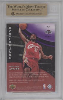 LeBron James from the 2003-04 Upper Deck Triple Dimensions set featuring a Amethyst parallel graded by Beckett and given an overall grade of 9.5.