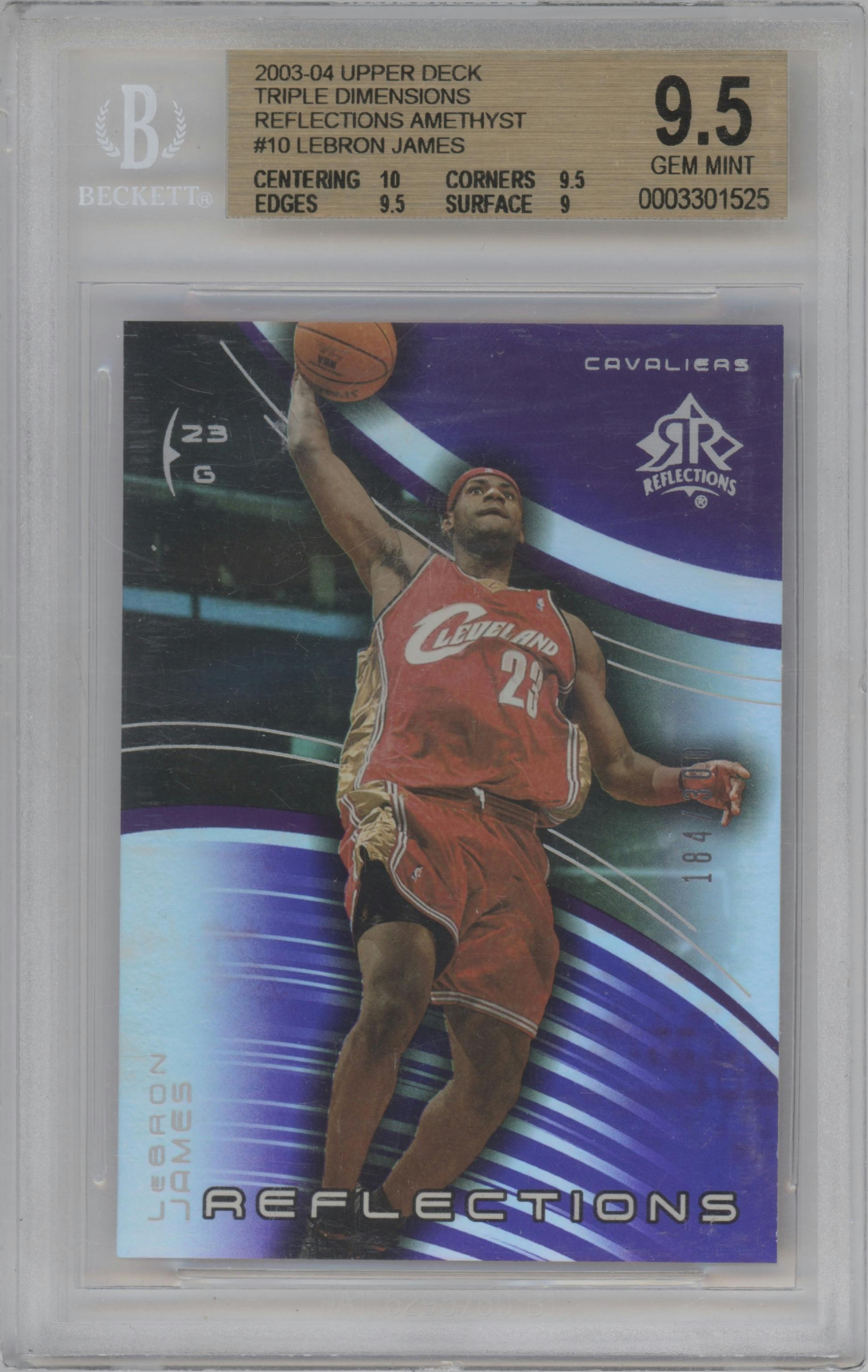 LeBron James from the 2003-04 Upper Deck Triple Dimensions set featuring a Amethyst parallel graded by Beckett and given an overall grade of 9.5.