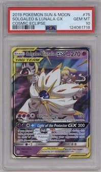 Solgaleo & Lunala GX from the 2019 Pokemon S&M  set graded by PSA and given an overall grade of 10.