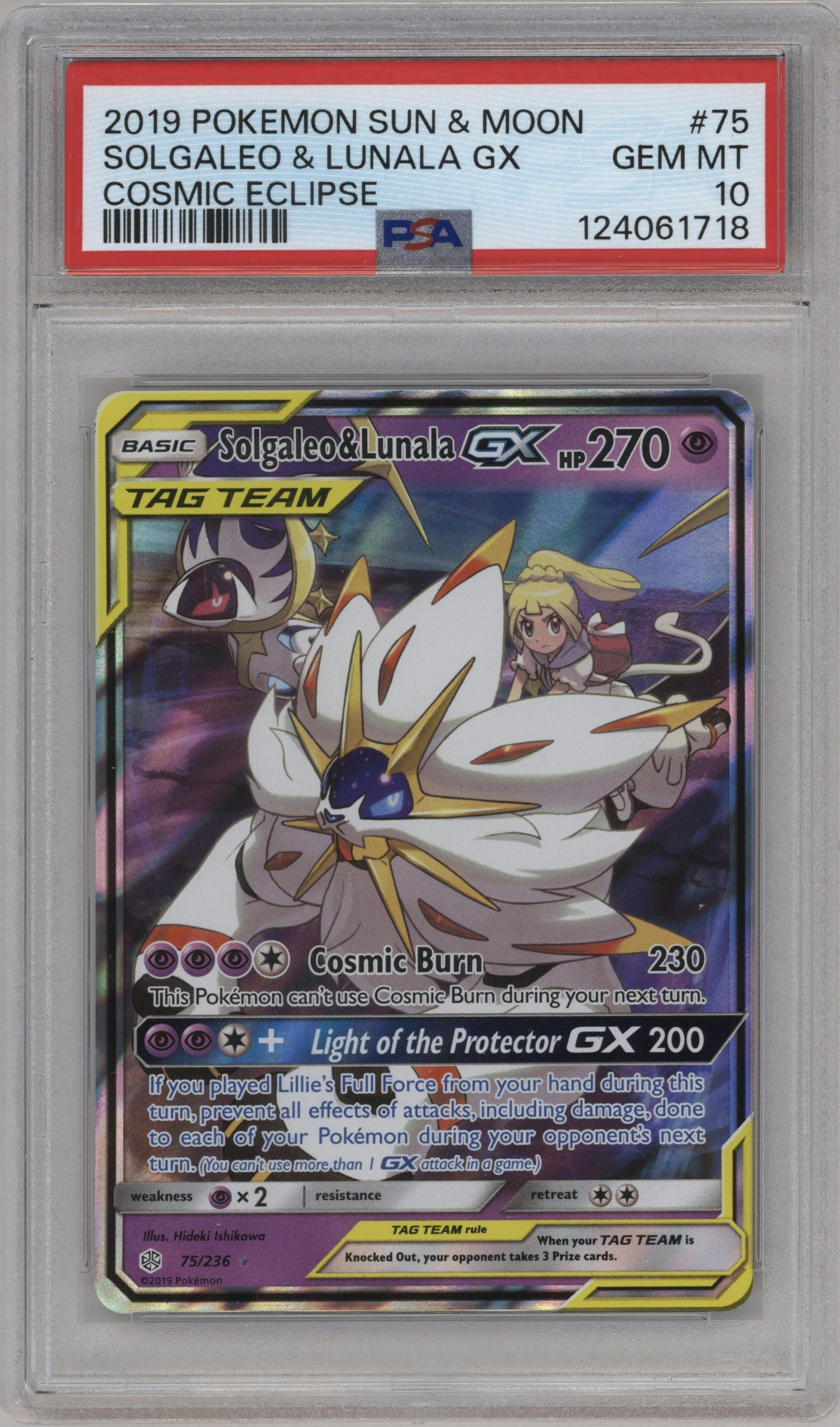 Solgaleo & Lunala GX from the 2019 Pokemon S&M  set graded by PSA and given an overall grade of 10.
