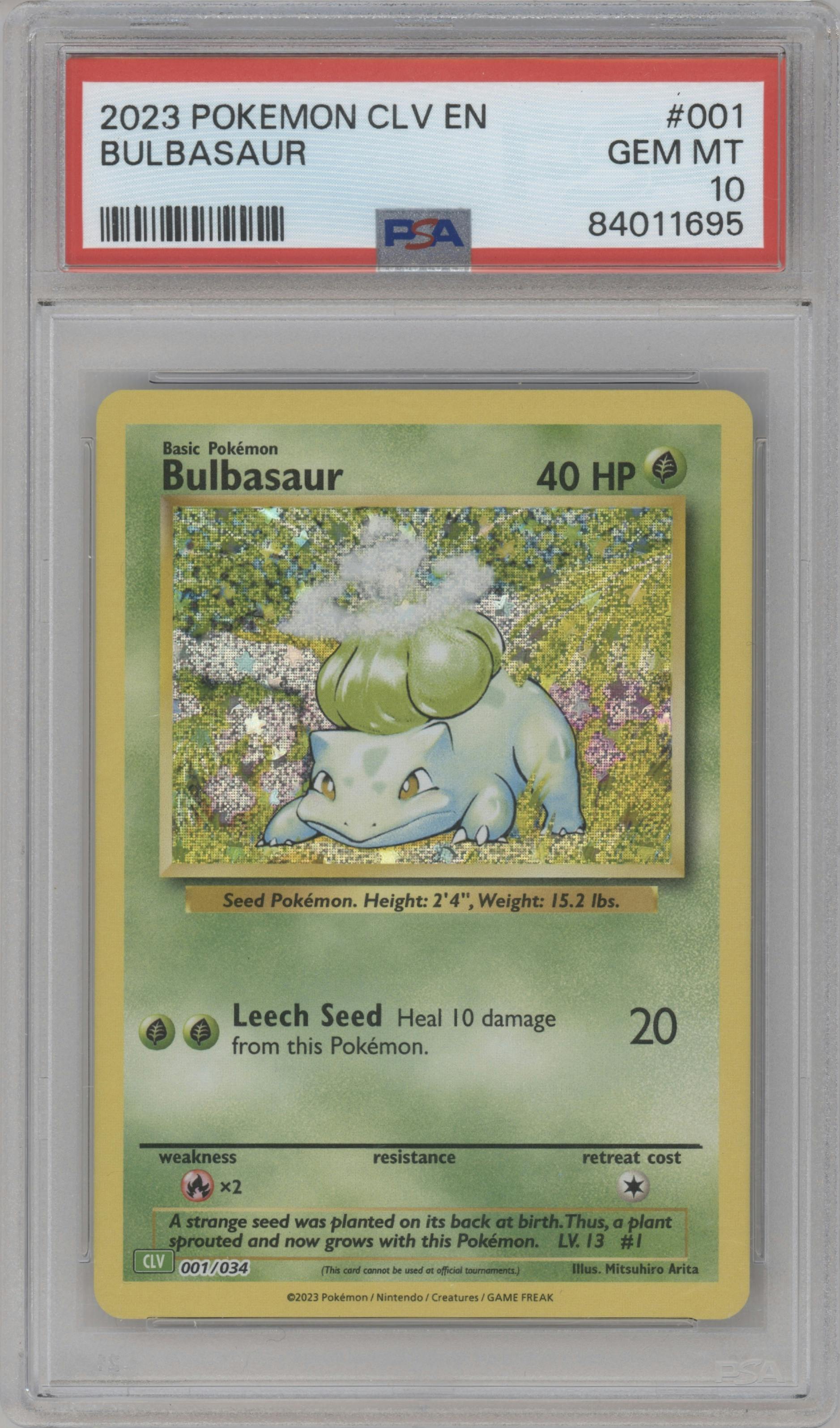 Bulbasaur from the 2023 Pokemon CLV set graded by PSA and given an overall grade of 10.