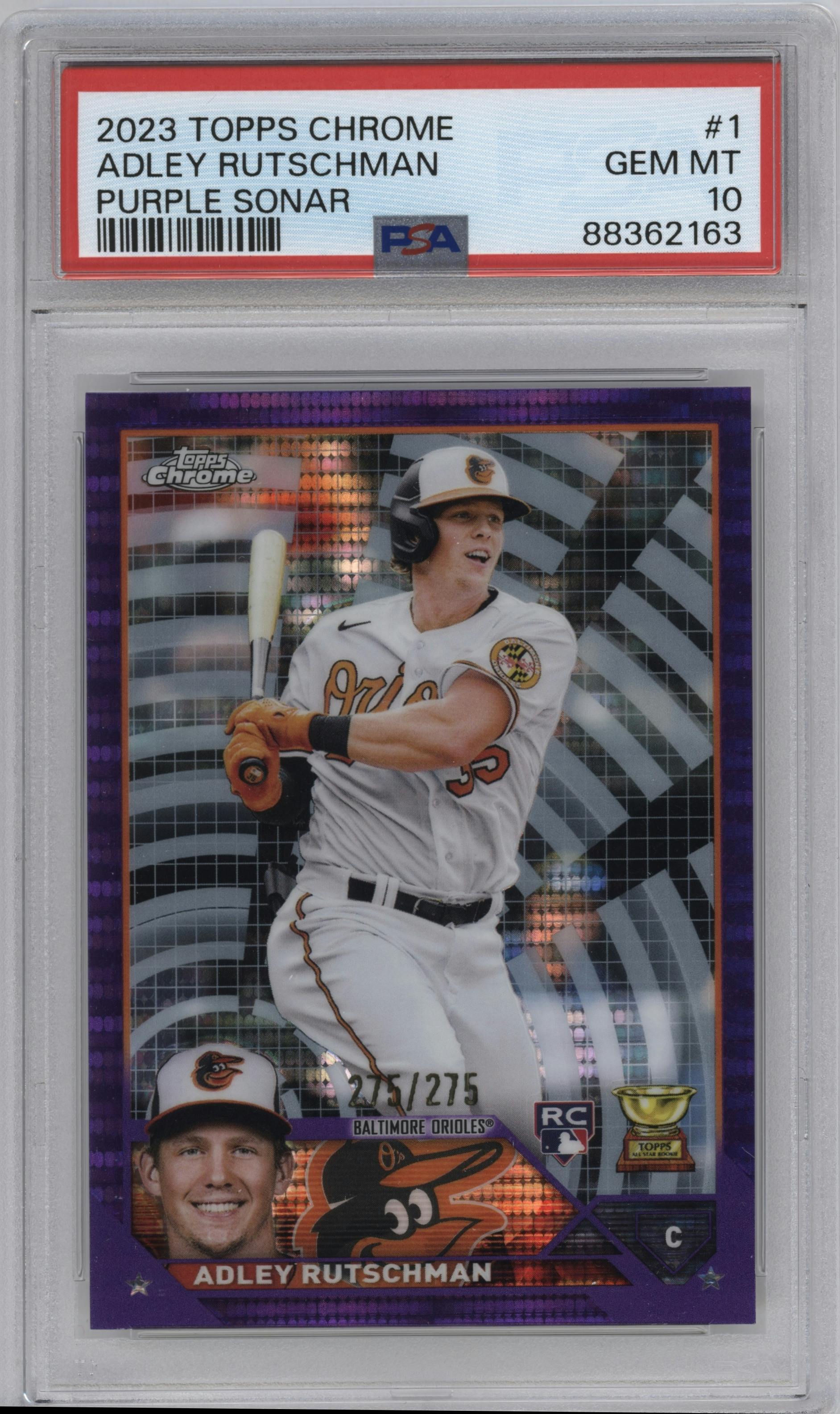Adley Rutschman from the 2023 Topps Chrome set featuring a Purple Sonar Refractor parallel graded by PSA and given an overall grade of 10.