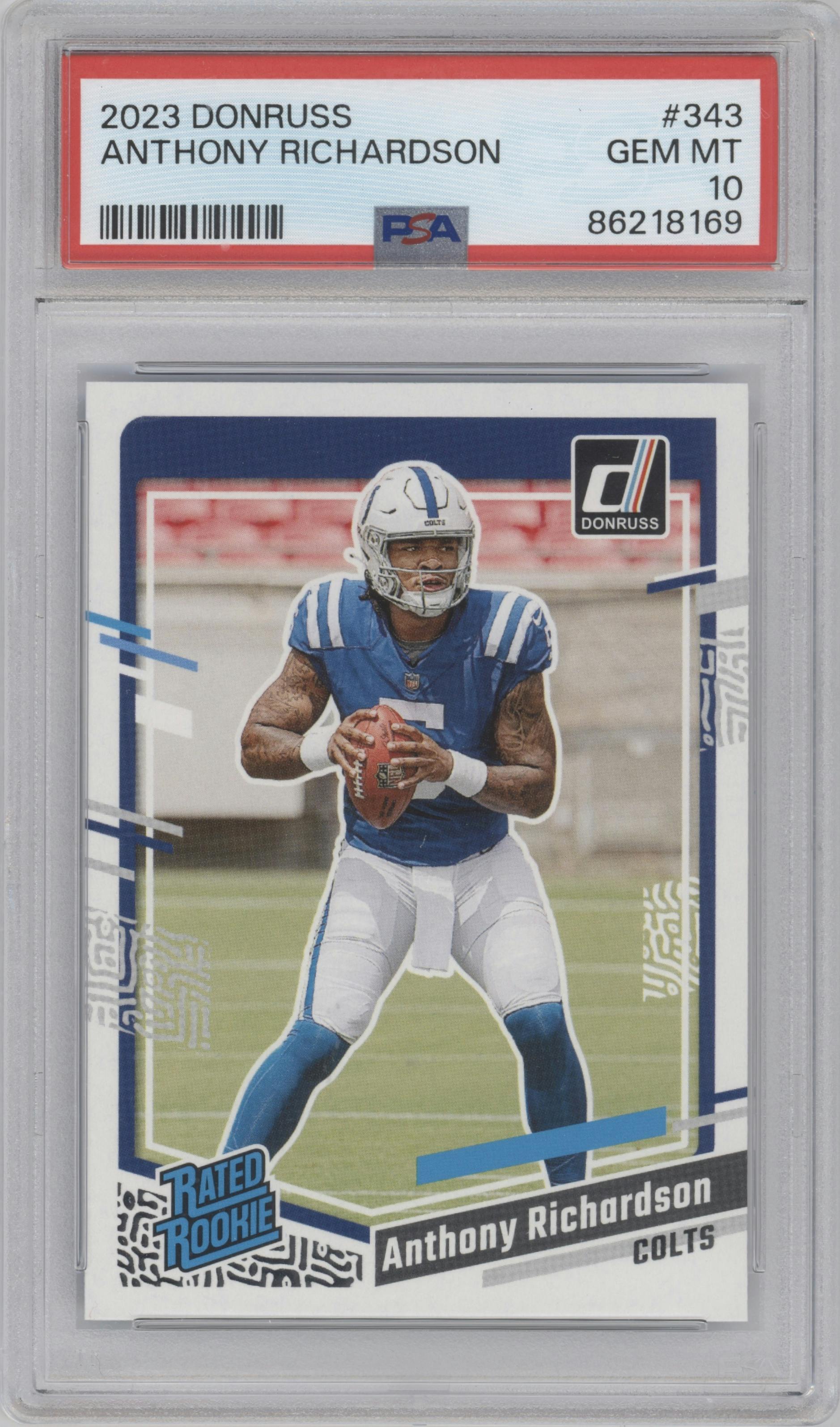 Anthony Richardson from the 2023 Panini Donruss set graded by PSA and given an overall grade of 10.
