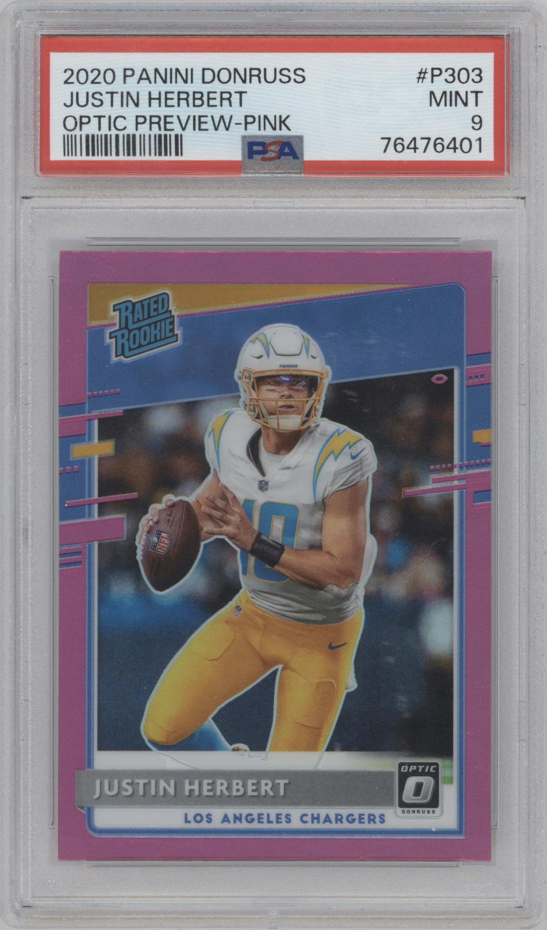 Justin Herbert from the 2020 Panini Donruss set featuring a Pink parallel graded by PSA and given an overall grade of 9.