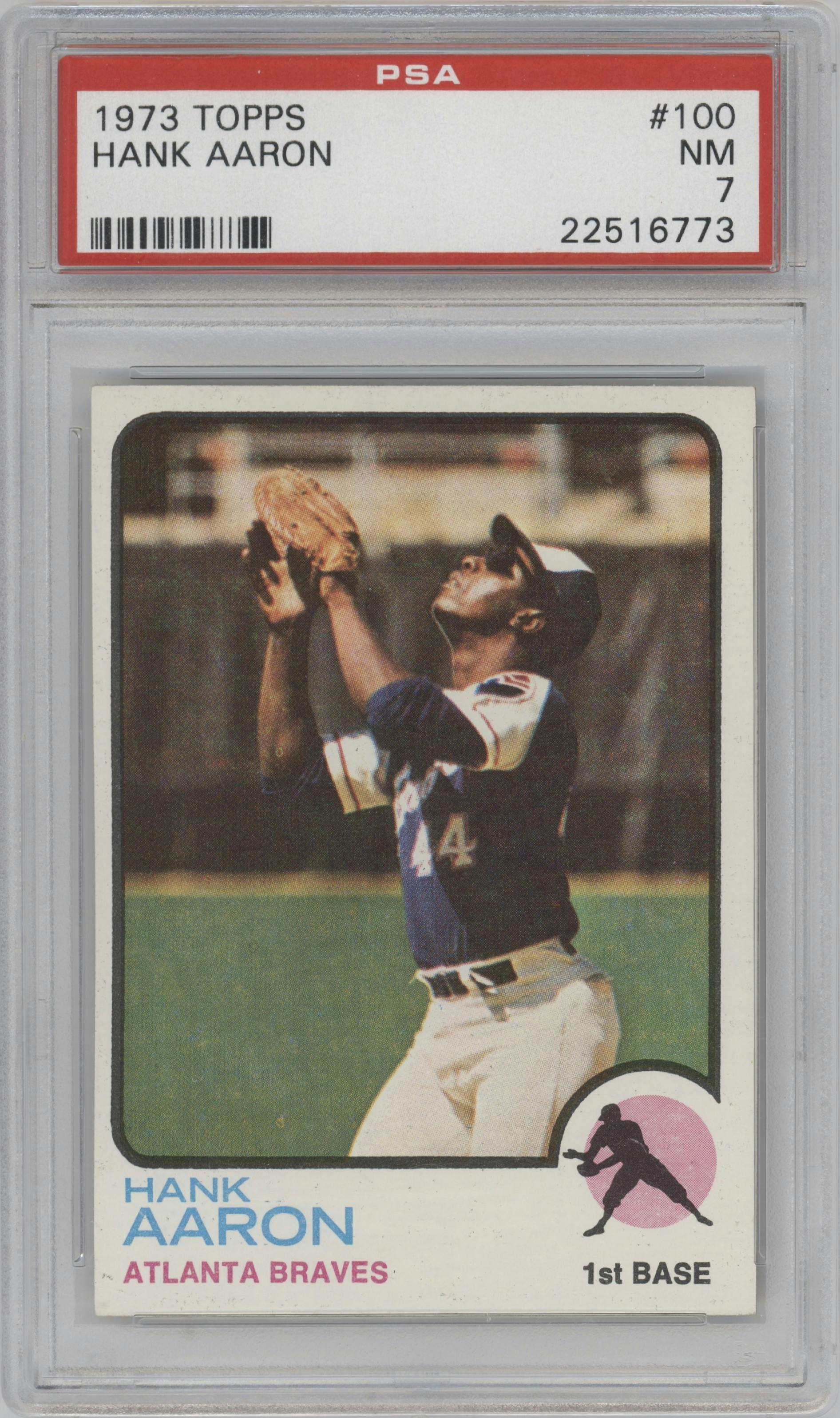 Hank Aaron from the 1973 Topps set graded by PSA and given an overall grade of 7.