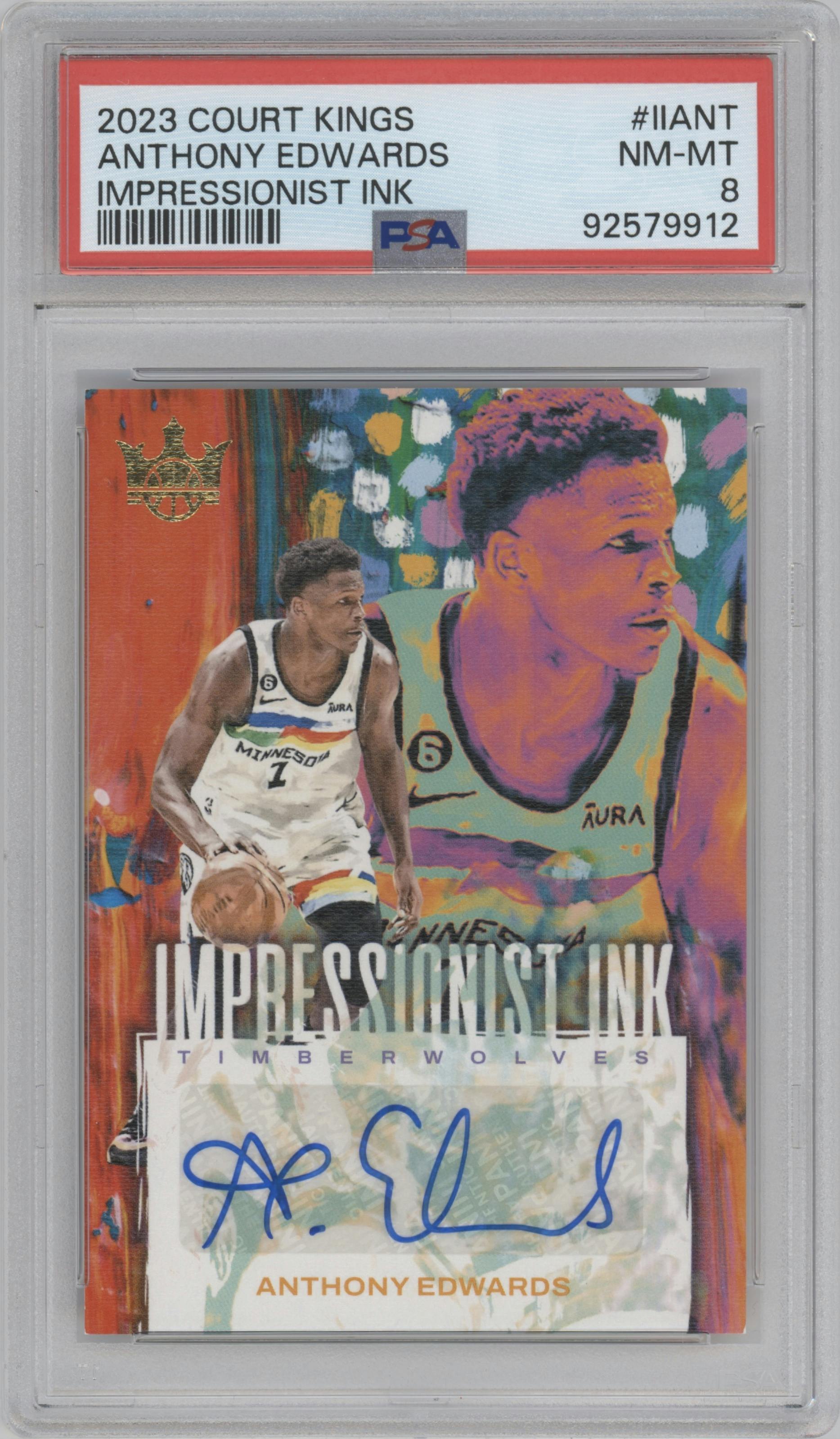 Anthony Edwards from the 2023-24 Panini Court Kings set graded by PSA and given an overall grade of 8.