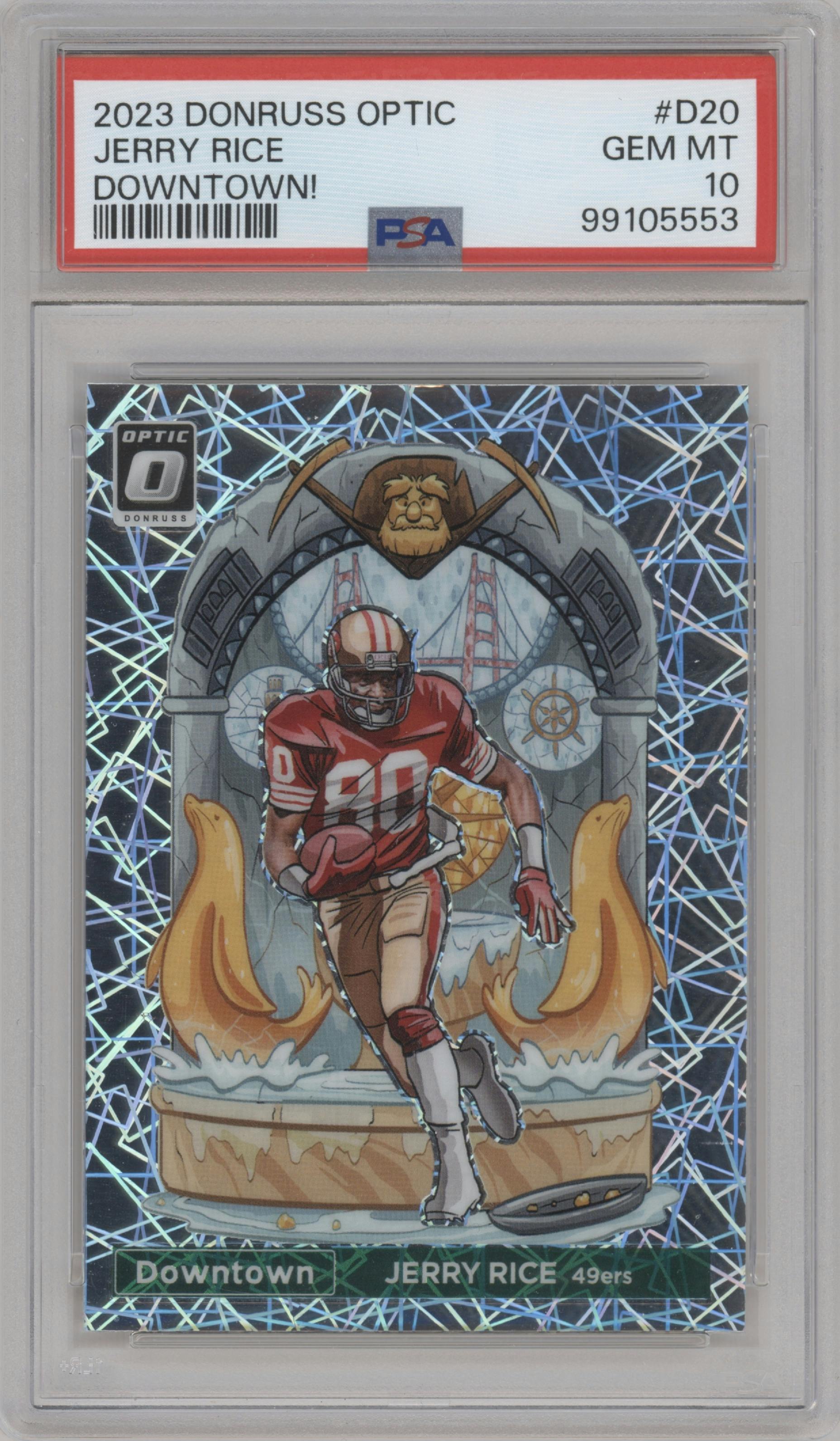 Jerry Rice from the 2023 Donruss Optic set graded by PSA and given an overall grade of 10.