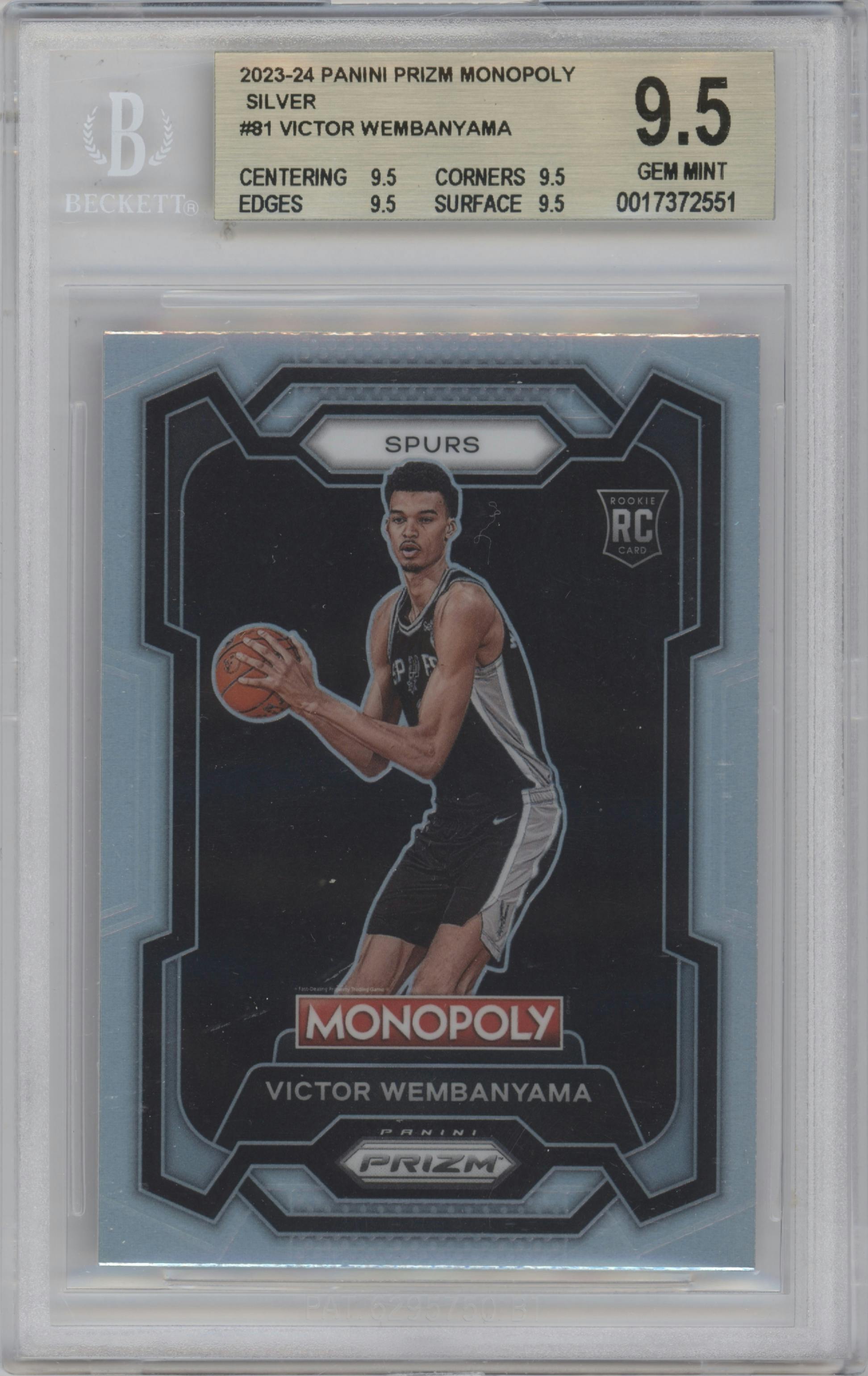 Victor Wembanyama from the 2023-24 Panini Prizm Monopoly set featuring a Silver Prizm parallel graded by Beckett and given an overall grade of 9.5.