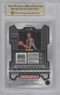 Victor Wembanyama from the 2023-24 Panini Prizm Monopoly set featuring a Silver Prizm parallel graded by Beckett and given an overall grade of 9.5.