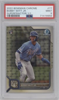 Bobby Witt Jr. from the 2022 Bowman Chrome set featuring a SuperFractor parallel graded by PSA and given an overall grade of 9.