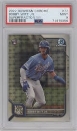 Bobby Witt Jr. from the 2022 Bowman Chrome set featuring a SuperFractor parallel graded by PSA and given an overall grade of 9.