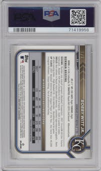 Bobby Witt Jr. from the 2022 Bowman Chrome set featuring a SuperFractor parallel graded by PSA and given an overall grade of 9.