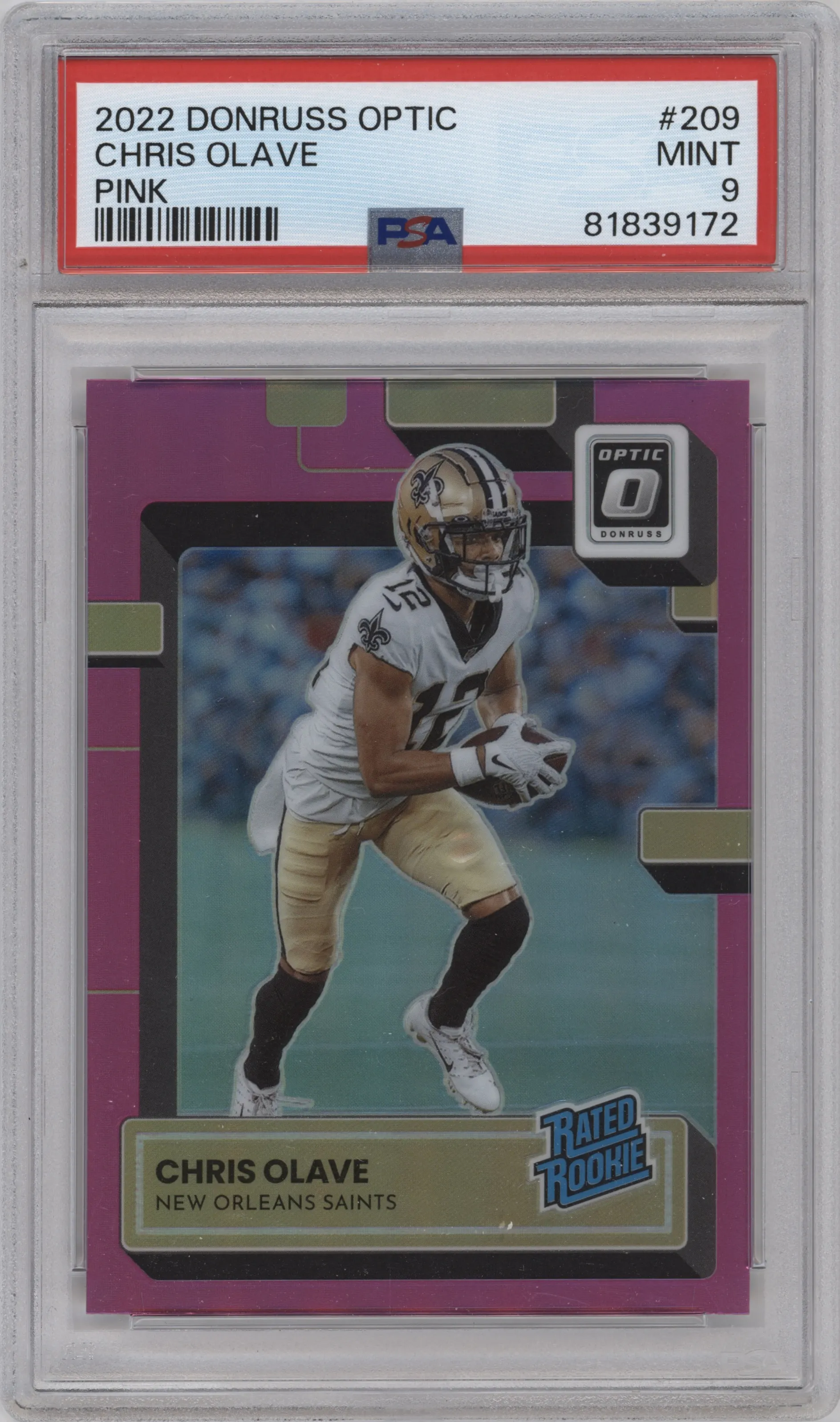 2022 Panini Donruss Optic Rated Rookie Chris Olave Pink PSA 9