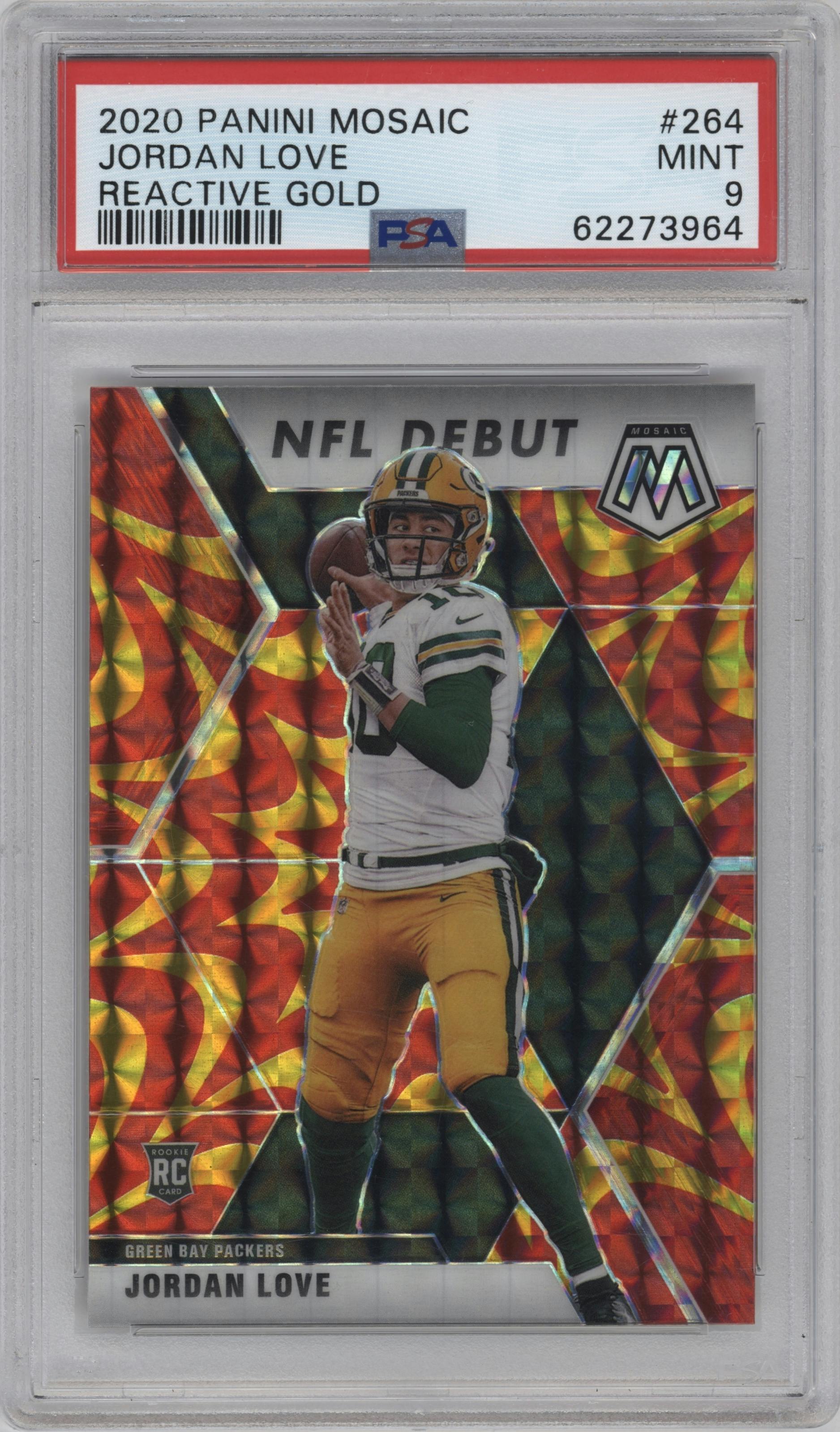 Jordan Love from the 2020 Panini Mosaic set featuring a Reactive Gold parallel graded by PSA and given an overall grade of 9.