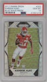 Kareem Hunt from the 2017 Panini Prizm set featuring a Blue Wave Prizm  parallel graded by PSA and given an overall grade of 10.