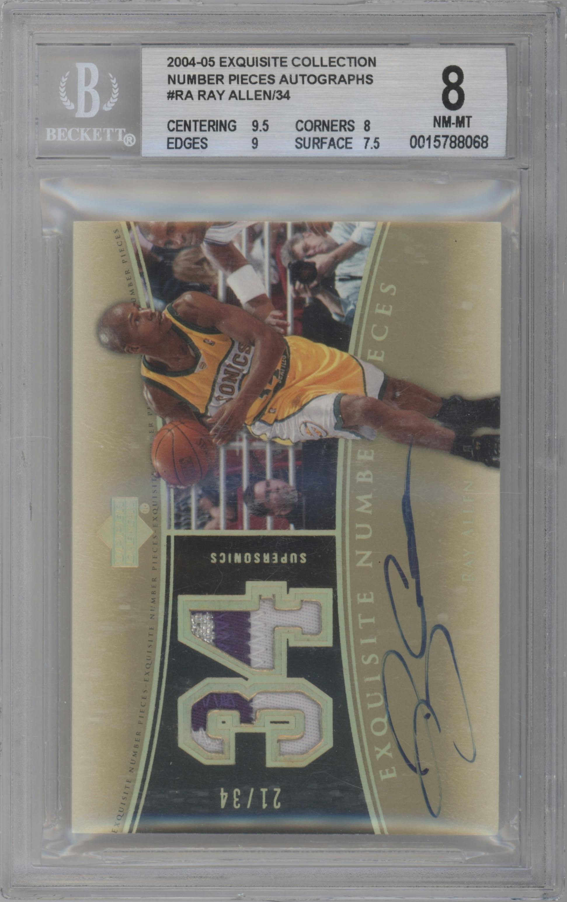 Ray Allen from the 2004-05 Upper Deck Exquisite Collection  set graded by Beckett and given an overall grade of 8.