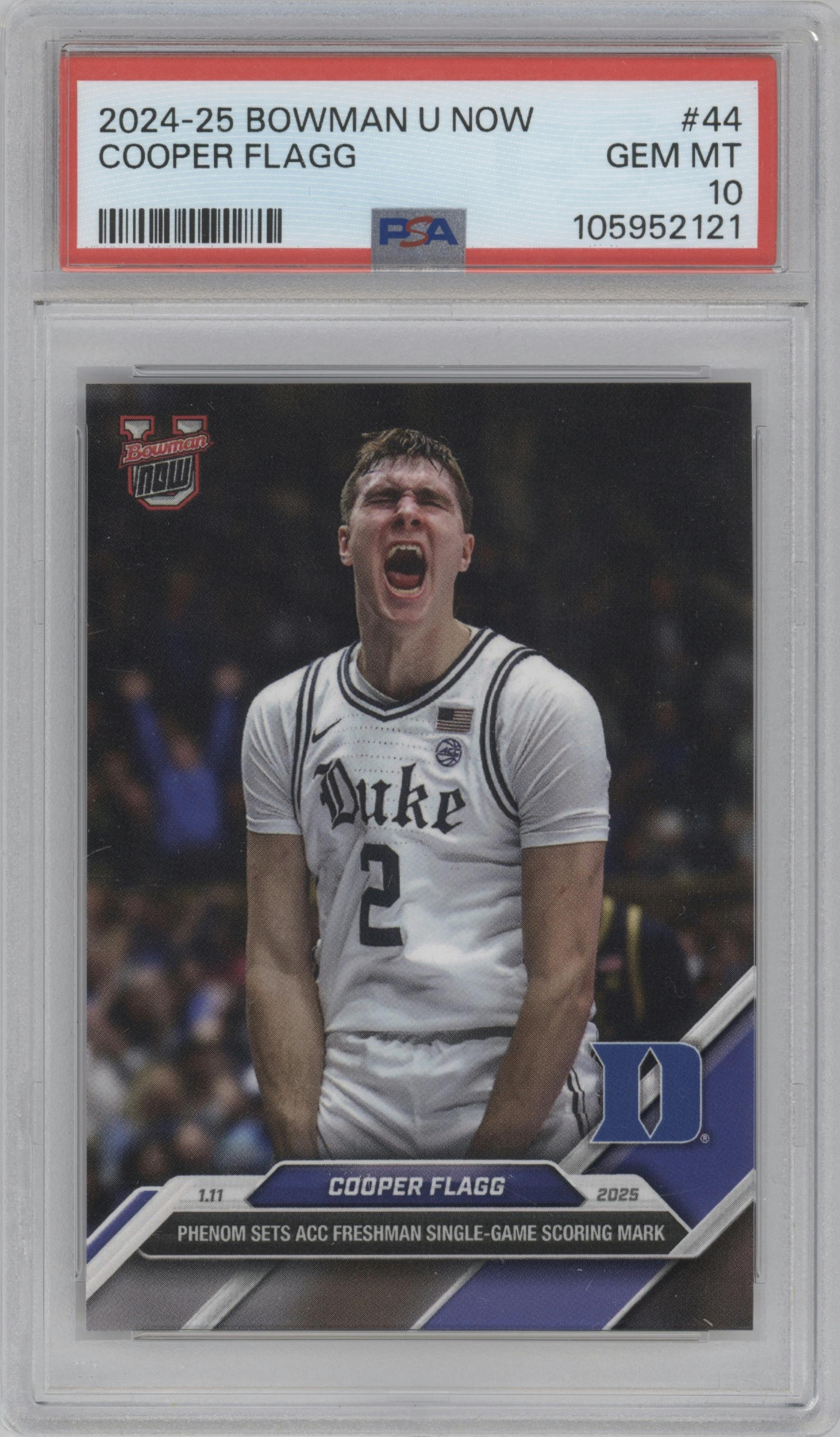 Cooper Flagg from the 2024-25 Bowman U Now set graded by PSA and given an overall grade of 10.