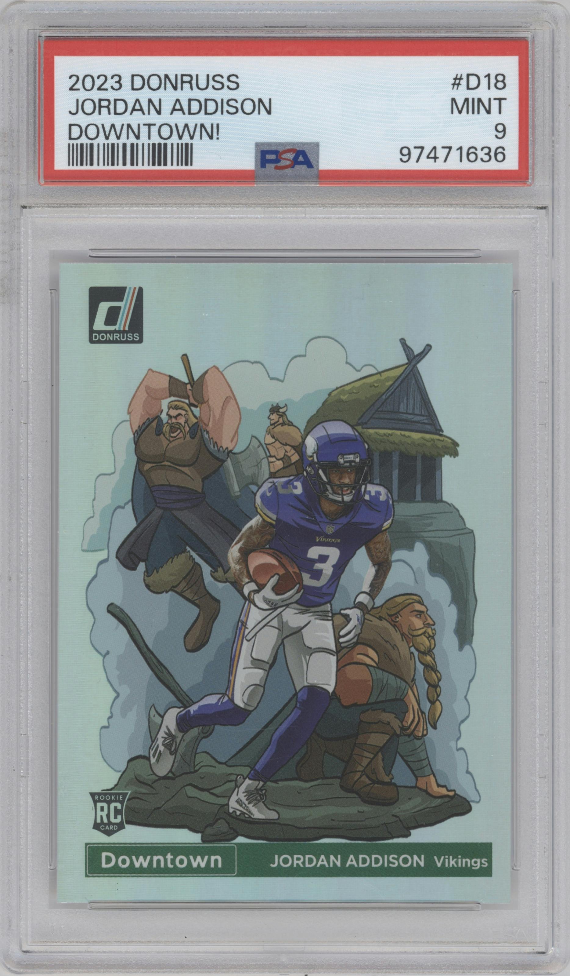 Jordan Addison from the 2023 Panini Donruss set graded by PSA and given an overall grade of 9.