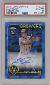 Sal Frelick from the 2024 Topps Chrome Sapphire set graded by PSA and given an overall grade of 10.