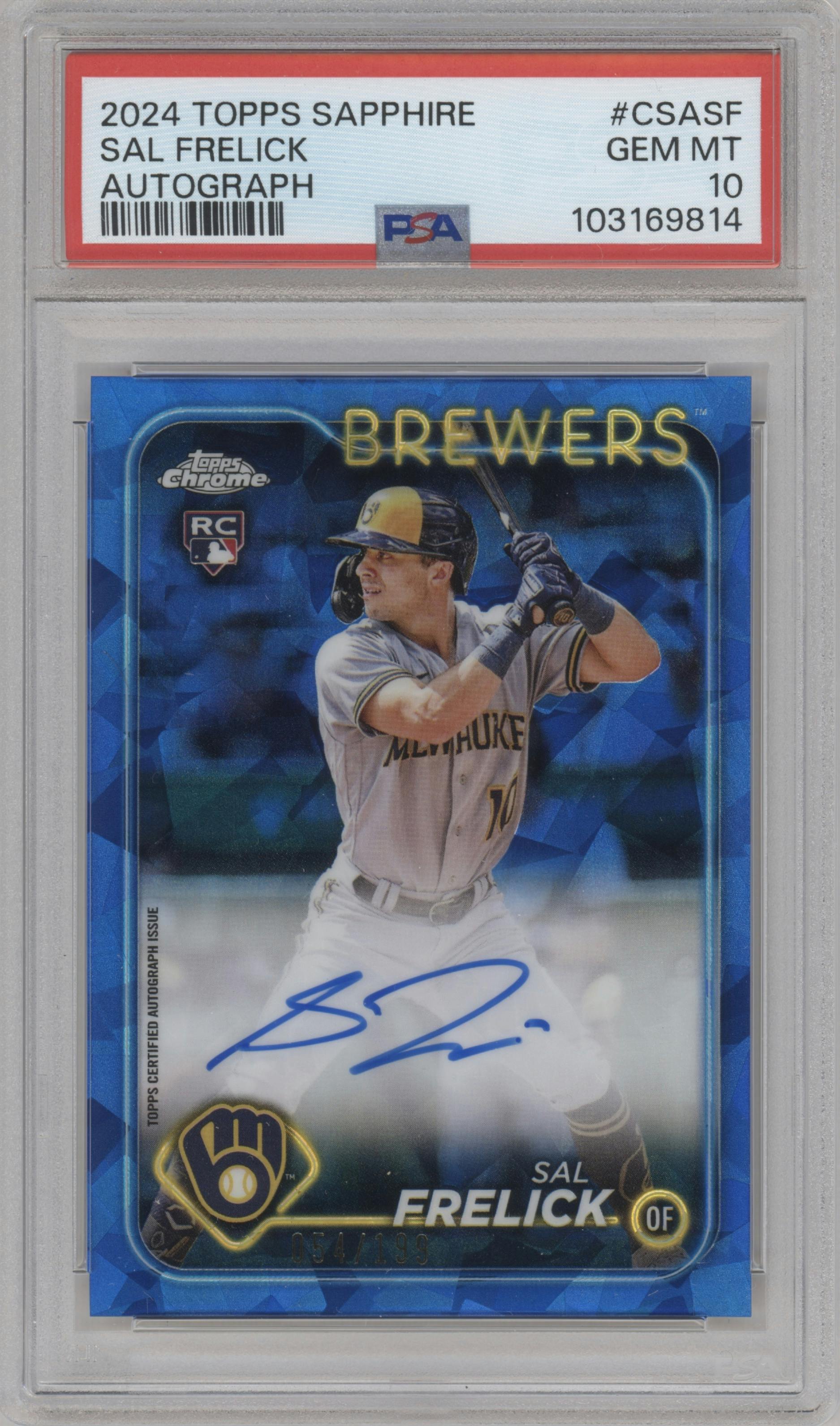 Sal Frelick from the 2024 Topps Chrome Sapphire set graded by PSA and given an overall grade of 10.