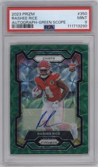 Rashee Rice from the 2023 Panini Prizm set featuring a Green Scope parallel graded by PSA and given an overall grade of 9.