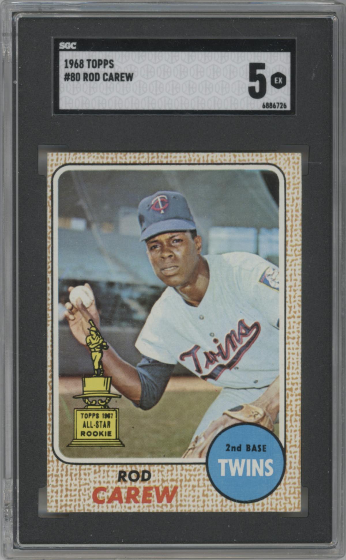 Rod Carew from the 1968 Topps set graded by SGC and given an overall grade of 5.