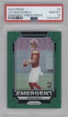 Jayden Daniels from the 2024 Panini Prizm set featuring a Green Prizm parallel graded by PSA and given an overall grade of 10.