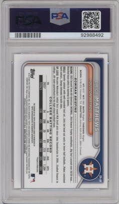 Brice Matthews from the 2024 Bowman set featuring a Speckle Refractor parallel graded by PSA and given an overall grade of 10.