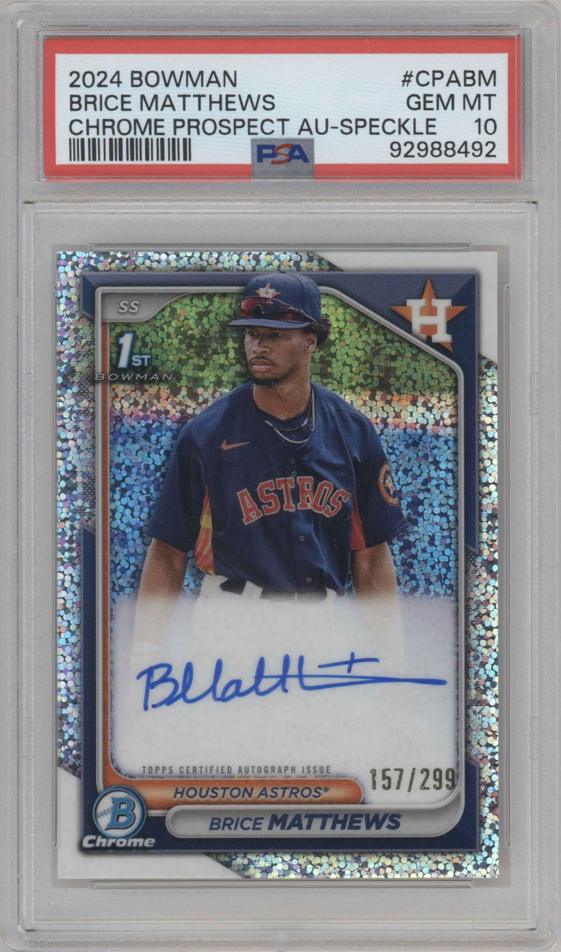Brice Matthews from the 2024 Bowman set featuring a Speckle Refractor parallel graded by PSA and given an overall grade of 10.