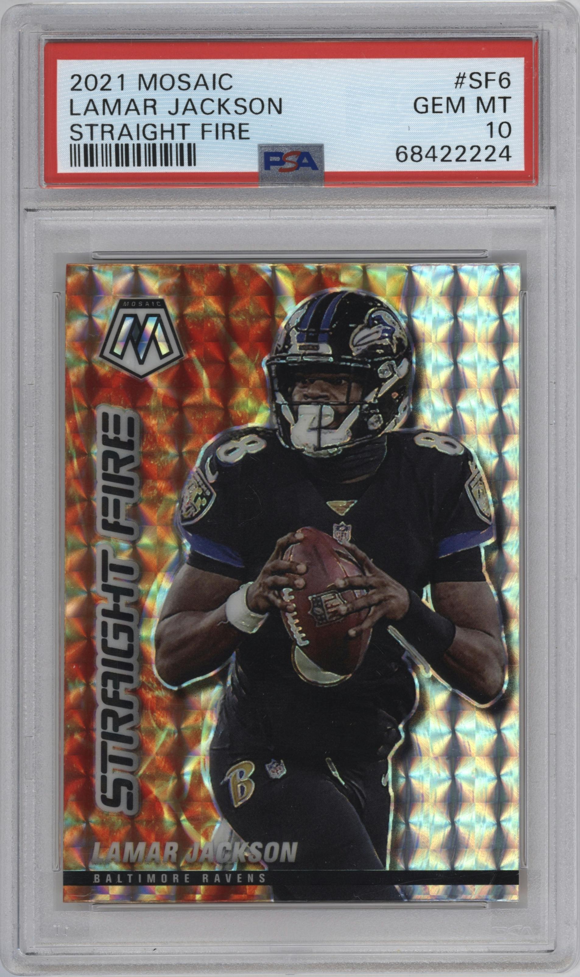Lamar Jackson from the 2021 Panini Mosaic set graded by PSA and given an overall grade of 10.