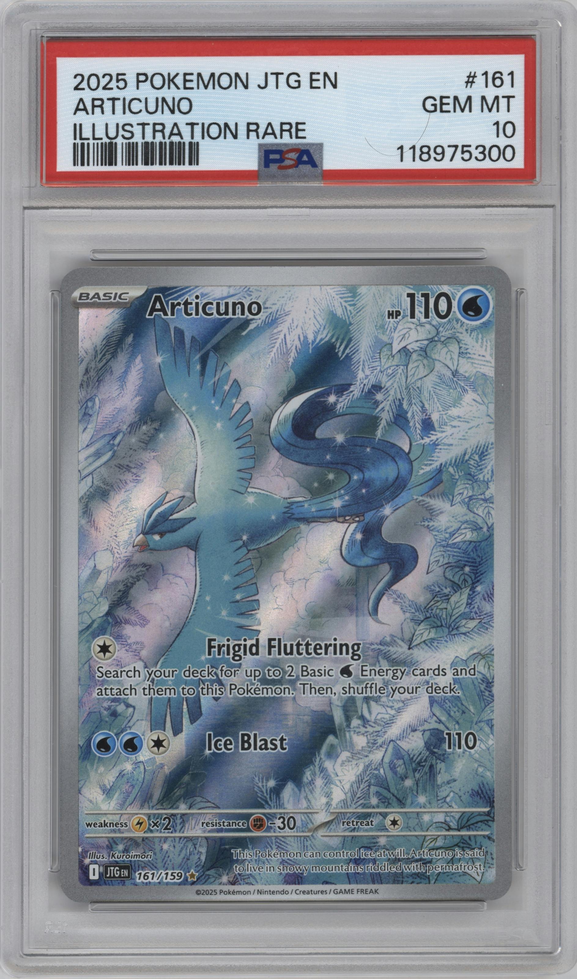 Articuno from the 2025 Pokemon SV set graded by PSA and given an overall grade of 10.
