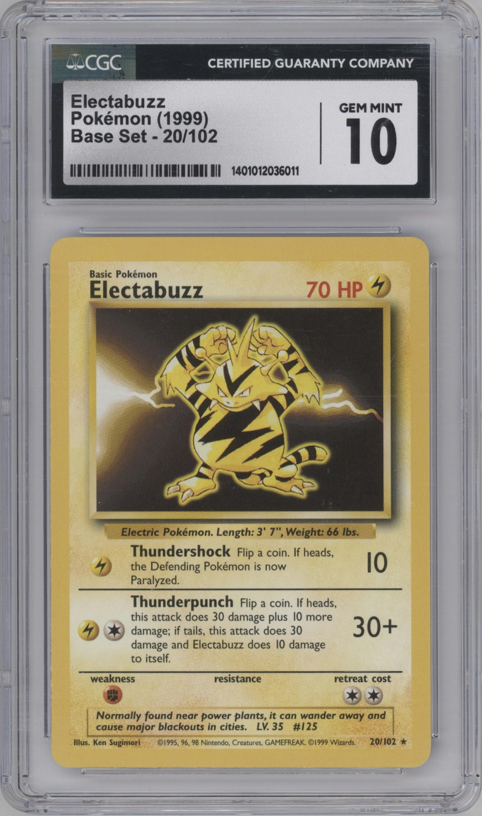 Electabuzz from the 1999 Pokemon set graded by CSG and given an overall grade of 10.
