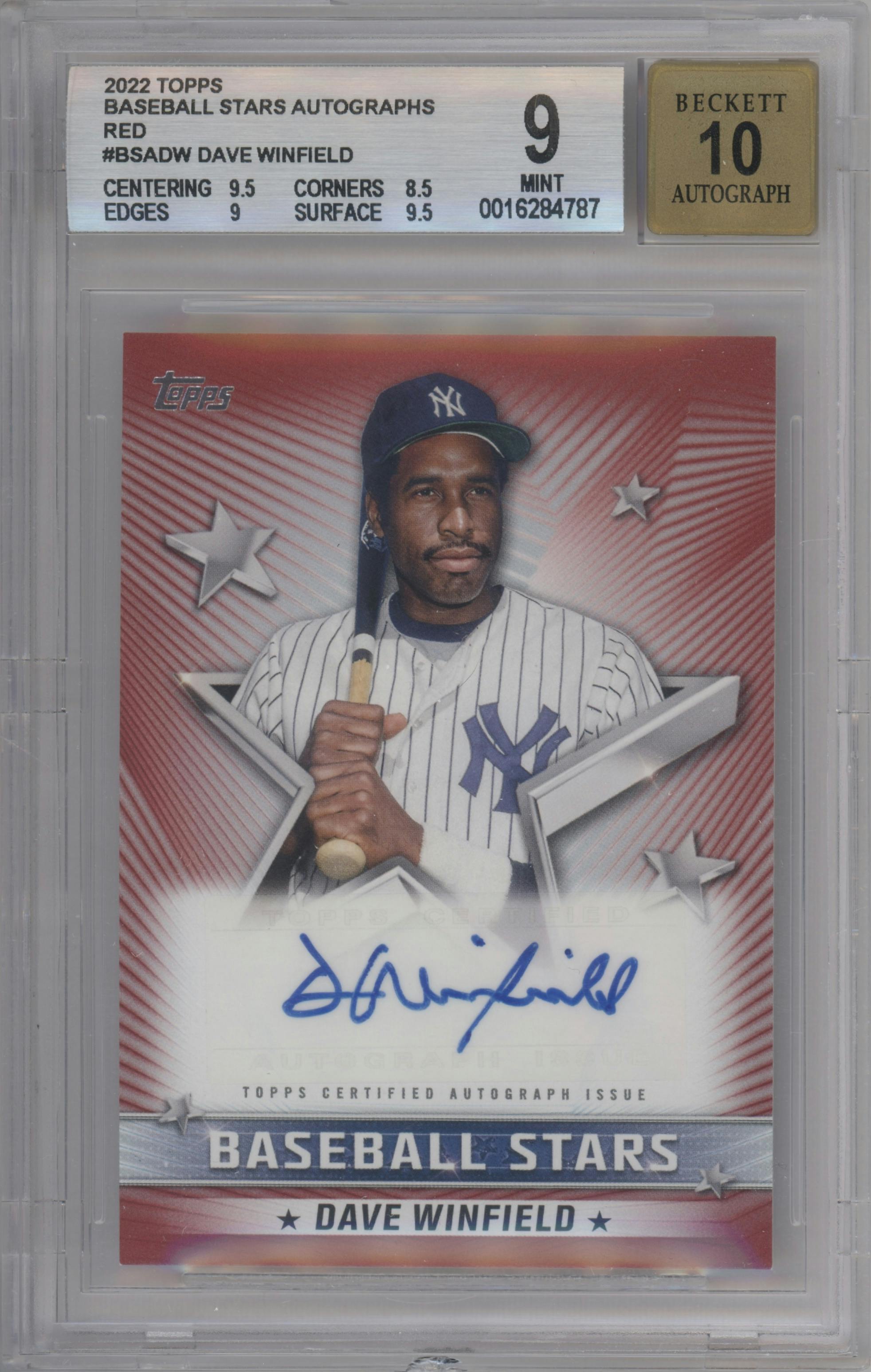 Dave Winfield from the 2022 Topps  Series 1 set featuring a Red parallel graded by Beckett and given an overall grade of 9.