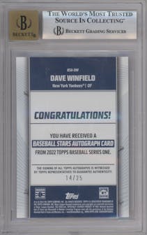 Dave Winfield from the 2022 Topps  Series 1 set featuring a Red parallel graded by Beckett and given an overall grade of 9.