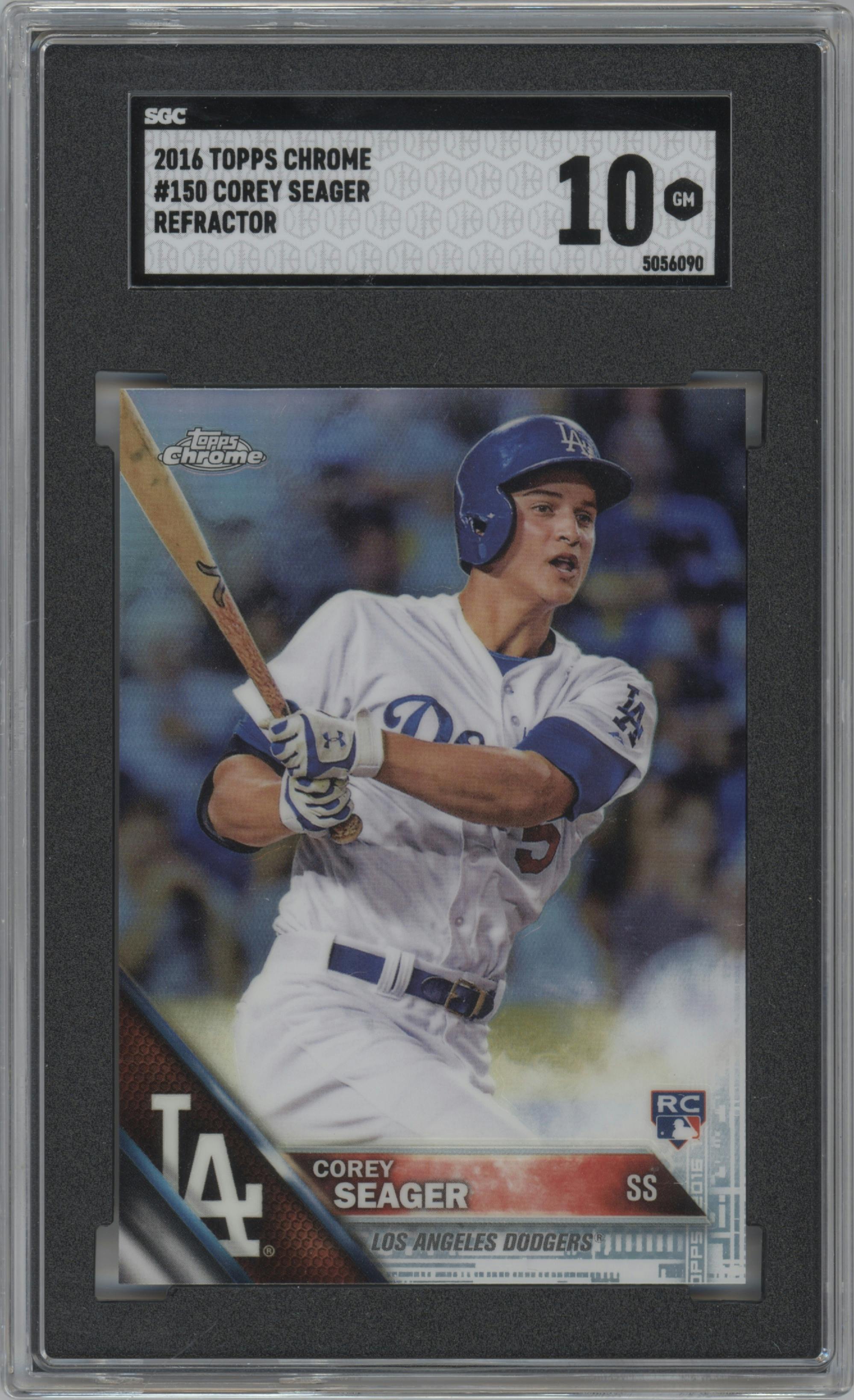 Corey Seager from the 2016 Topps Chrome set featuring a Refractor parallel graded by SGC and given an overall grade of 10.