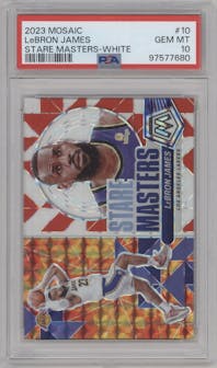 Lebron James from the 2023-24 Panini Mosaic set featuring a White Mosaic parallel graded by PSA and given an overall grade of 10.