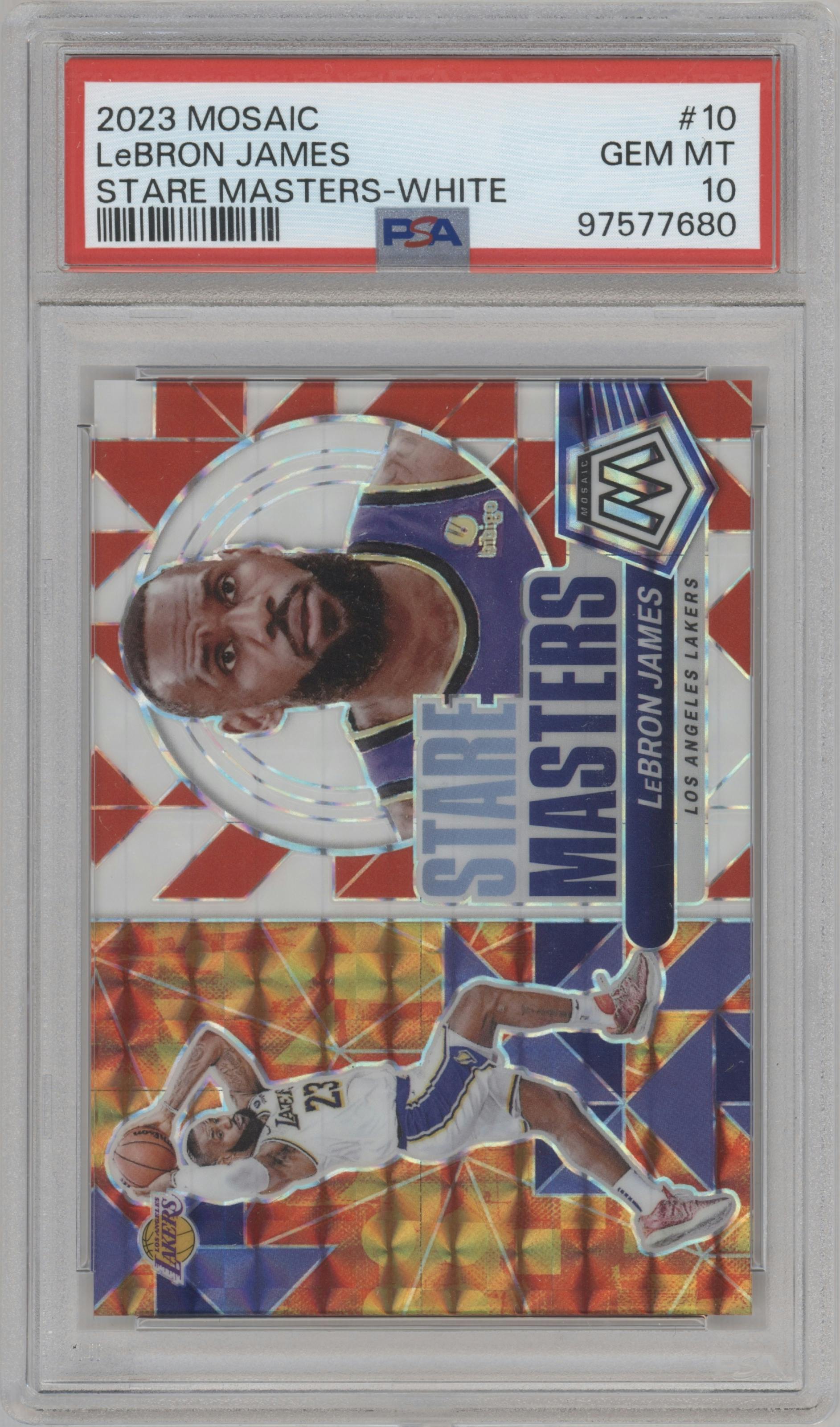 Lebron James from the 2023-24 Panini Mosaic set featuring a White Mosaic parallel graded by PSA and given an overall grade of 10.
