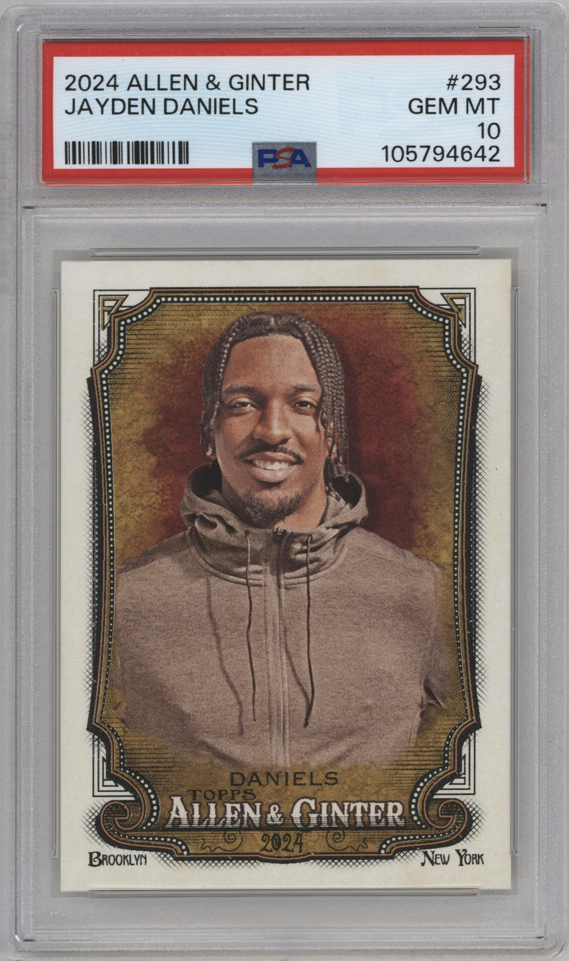Jayden Daniels from the 2024 Topps Allen & Ginter set graded by PSA and given an overall grade of 10.