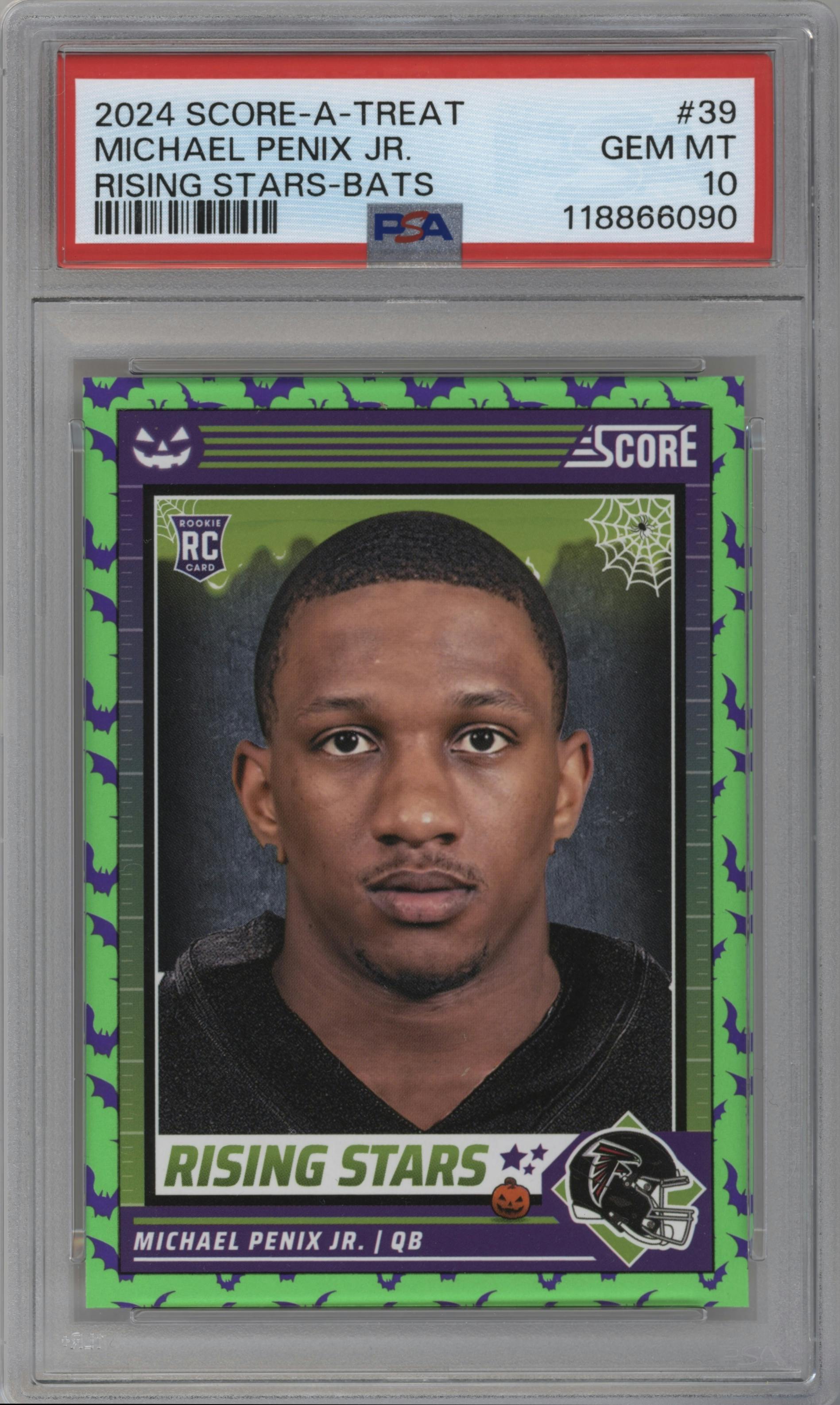 Michael Penix Jr. from the 2024 Score-a-Treat set featuring a Bats parallel graded by PSA and given an overall grade of 10.